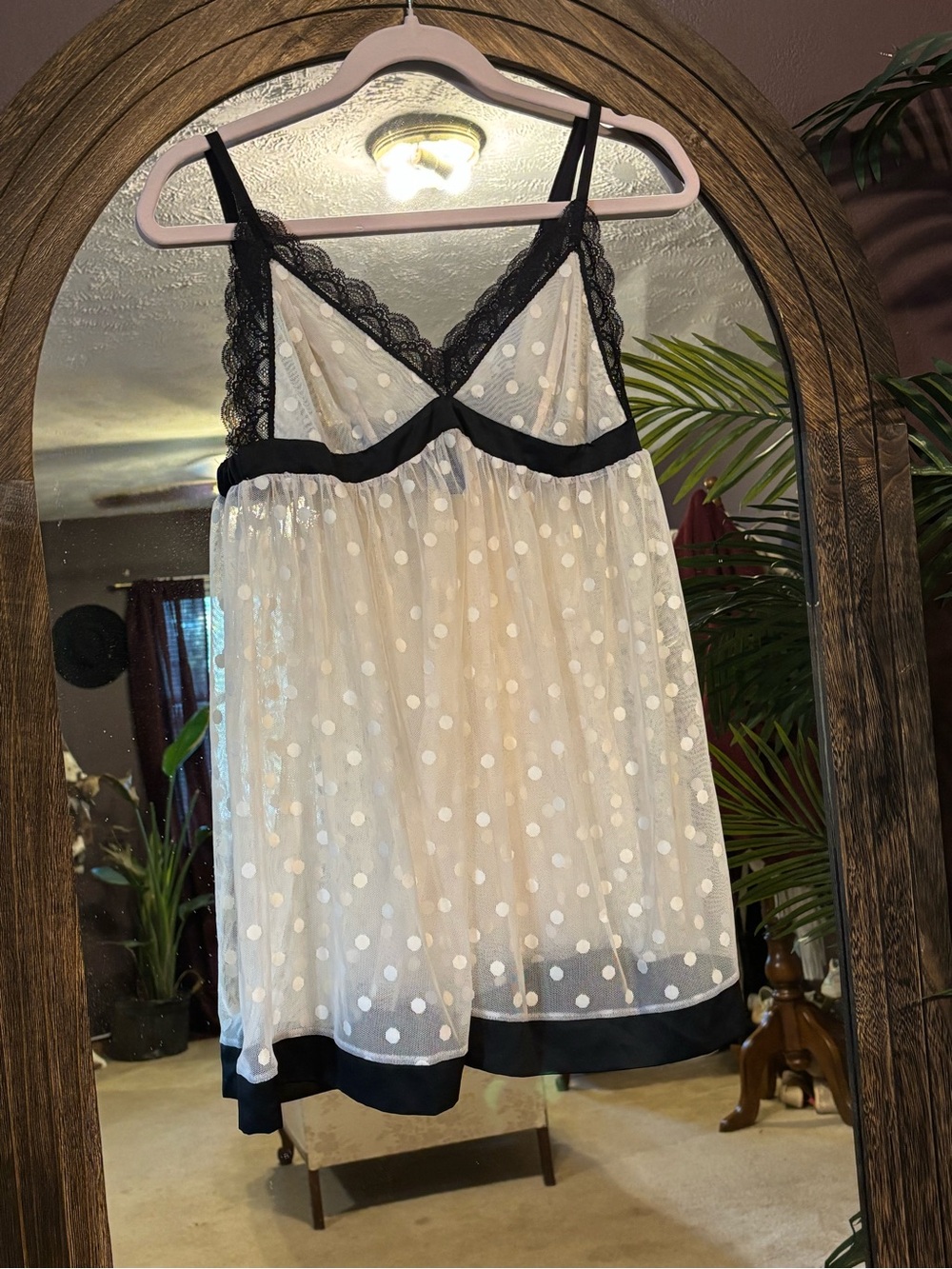 Sheer Polka Dot Lace Trim Chemise - White with Black Trim